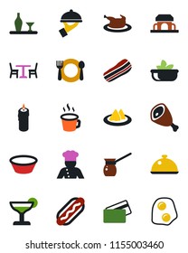 Color and black flat icon set - cafe vector, coffee, cook, dish, alcohol, serviette, cocktail, salad, bacon, waiter, building, candle, credit card, chicken, ham, hot dog, bowl, turkish, omelette