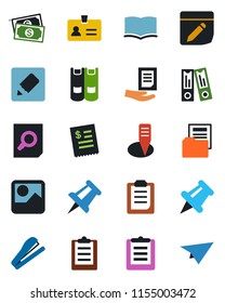 Color and black flat icon set - identity vector, book, office binder, document search, drawing pin, plant label, cash, clipboard, paper, gallery, notes, folder, stapler, restaurant receipt, plane