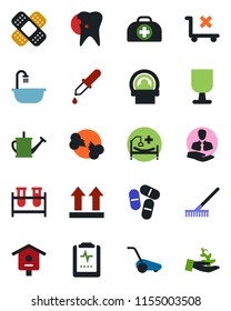 Color and black flat icon set - rake vector, watering can, lawn mower, bird house, doctor case, blood test vial, dropper, pills, patch, tomography, hospital bed, caries, broken bone, pulse clipboard