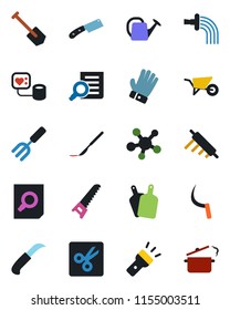 Color and black flat icon set - document search vector, job, garden fork, watering can, wheelbarrow, glove, saw, sickle, knife, blood pressure, scalpel, share, torch, cut, rolling pin, cutting board