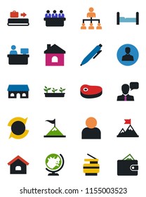 Color and black flat icon set - baggage conveyor vector, globe, hierarchy, pen, meeting, manager place, house, seedling, speaker, user, update, copier, bedroom, cafe building, steak, motivation