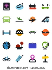 Color and black flat icon set - taxi vector, suitcase, arrival, airport bus, signpost, passport, globe, ladder car, plane, luggage scales, case, picnic table, bike, navigation, route, bedroom, earth