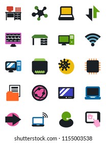 Color and black flat icon set - wireless notebook vector, right arrow, desk, monitor pulse, virus, support, tv, network, laptop pc, share, hdmi, data exchange, document folder, chip