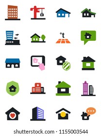 Color and black flat icon set - airport building vector, office, house, hospital, warehouse storage, with garage, tree, sweet home, city, crane, estate insurance, cafe, control app, warm floor