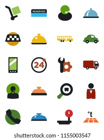 Color and black flat icon set - taxi vector, airport bus, 24 around, support, car delivery, cargo, heavy scales, search, mobile, call, root setup, waiter, dish, reserved, reception, warm floor