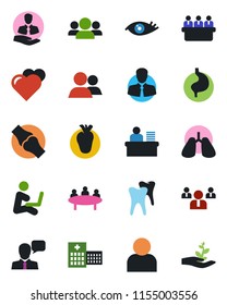 Color and black flat icon set - team vector, meeting, heart, stomach, lungs, real, tooth, eye, joint, hospital, client, speaker, group, user, manager desk, man with notebook, palm sproute