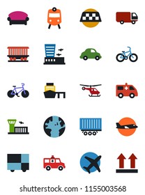 Color and black flat icon set - taxi vector, train, waiting area, plane, helicopter, airport building, ambulance car, bike, earth, railroad, truck trailer, delivery, sea port, consolidated cargo