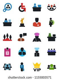 Color and black flat icon set - vip vector, speaking man, pedestal, meeting, manager place, disabled, doctor, pregnancy, client, company, identity card, hr, desk, cook, consumer search, group