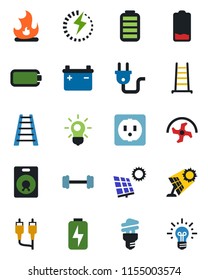 Color and black flat icon set - ripper vector, ladder, fire, barbell, speaker, battery, low, rca, charge, sun panel, socket, power plug, bulb, energy saving, idea