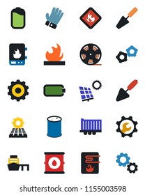 Color and black flat icon set - gear vector, trowel, glove, truck trailer, sea port, flammable, oil barrel, reel, battery, root setup, sun panel, water heater