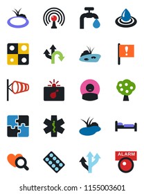 Color and black flat icon set - bomb in case vector, bed, wind, pond, heart diagnostic, pills blister, ambulance star, patient, route, important flag, antenna, application, water supply, fruit tree