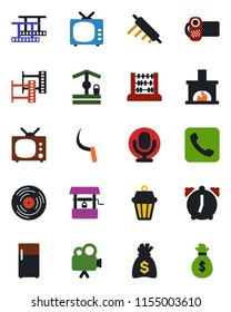 Color and black flat icon set - abacus vector, money bag, well, sickle, film frame, vinyl, tv, video camera, microphone, call, alarm, fireplace, rolling pin, outdoor lamp, fridge
