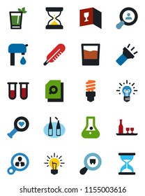 Color and black flat icon set - blood test vial vector, thermometer, heart diagnostic, ampoule, search cargo, torch, document, water supply, client, alcohol, wine card, drink, phyto bar, consumer