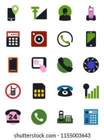 Color and black flat icon set - phone vector, no mobile, office, 24 hours, tracking, cell, back, call, camera, sim, cellular signal, support, home control app, combination lock