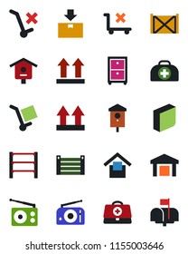 Color and black flat icon set - bird house vector, doctor case, container, cargo, warehouse storage, up side sign, no trolley, package, rack, radio, blank box, archive, mailbox
