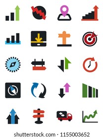 Color and black flat icon set - signpost vector, growth statistic, crisis graph, navigation, sorting, update, data exchange, download, compass, moving, target, arrow up, clock