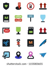 Color and black flat icon set - no mobile vector, pen, plant label, heart shield, navigation, pin, fragile, up side sign, hook, sd, cut, sale, menu, open close, paper plane