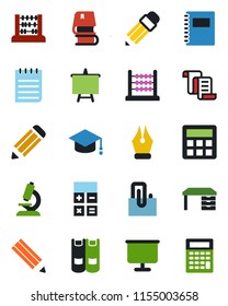 Color and black flat icon set - contract vector, book, calculator, graduate, abacus, desk, notepad, presentation board, pencil, microscope, copybook, paper clip, ink pen