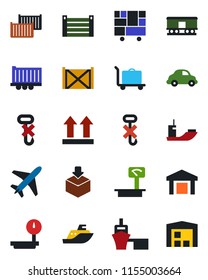 Color and black flat icon set - plane vector, baggage trolley, sea shipping, truck trailer, cargo container, car delivery, port, consolidated, up side sign, no hook, warehouse, package, heavy scales
