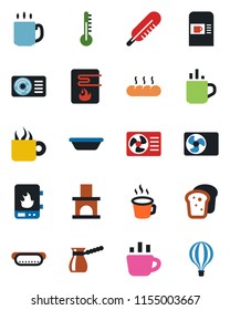 Color and black flat icon set - hot cup vector, coffee machine, fireplace, thermometer, air conditioner, bread, dog, bowl, turkish, water heater, balloon