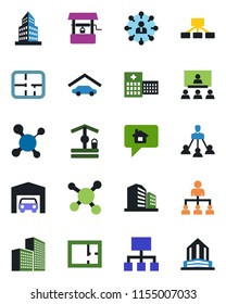 Color and black flat icon set - hierarchy vector, well, molecule, hospital, office building, garage, plan, home message