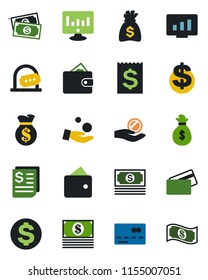 Color and black flat icon set - credit card vector, ticket office, dollar sign, money bag, statistic monitor, cash, receipt, wallet, investment