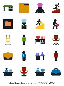 Color and black flat icon set - manager vector, desk, place, ladder, folder, career, cook, office chair, case