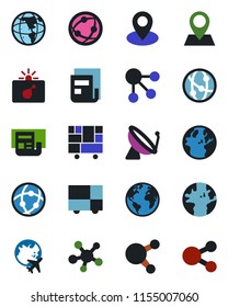 Color and black flat icon set - satellite antenna vector, bomb in case, plane globe, earth, pin, consolidated cargo, network, share, news, social media