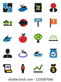 Color and black flat icon set - left arrow vector, manager, contract, plant label, greenhouse, pond, fertilizer, important flag, application, point graph, house with tree, fruit, estate agent, apple