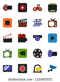 Color and black flat icon set - ticket office vector, clapboard, film frame, reel, gamepad, tv, video camera, play button, stop, rewind, rec, hdmi, record, web, surveillance