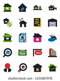 Color and black flat icon set - office building vector, house, pond, contract, with garage, tree, estate document, sale, rent, search, agent, smart home, insurance, eco