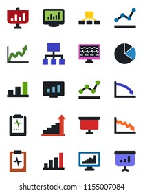 Color and black flat icon set - growth statistic vector, presentation board, monitor, pulse, clipboard, statistics, bar graph, pie, point, crisis, hierarchy
