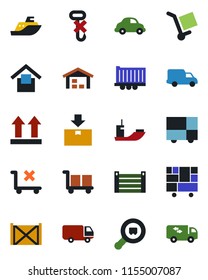 Color and black flat icon set - sea shipping vector, truck trailer, car delivery, container, consolidated cargo, warehouse storage, up side sign, no trolley, hook, package, search, moving