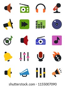 Color and black flat icon set - vinyl vector, flame disk, microphone, radio, speaker, loudspeaker, settings, equalizer, headphones, fast forward, tuning, bell, music, sound, advertising