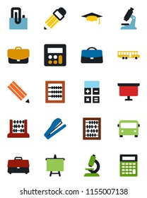 Color and black flat icon set - airport bus vector, calculator, graduate, abacus, presentation board, microscope, case, paper clip, pencil, stapler