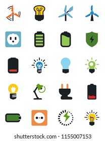 Color and black flat icon set - bulb vector, battery, low, protect, charge, desk lamp, windmill, socket, power plug, idea