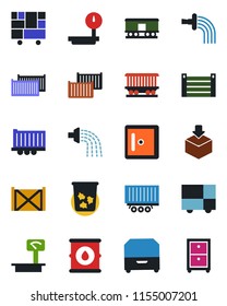 Color and black flat icon set - trash bin vector, checkroom, watering, railroad, truck trailer, cargo container, consolidated, package, oil barrel, heavy scales, archive box