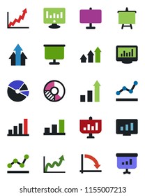 Color and black flat icon set - growth statistic vector, presentation board, crisis graph, monitor, circle chart, statistics, bar, pie, point, arrow up