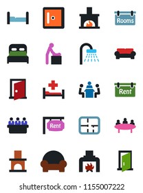 Color and black flat icon set - baby room vector, shower, checkroom, meeting, fireplace, hospital bed, plan, rent, rooms, bedroom, cushioned furniture, door