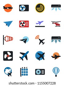 Color and black flat icon set - plane vector, radar, departure, wind, helicopter, seat map, globe, air conditioner, fan, paper, balloon