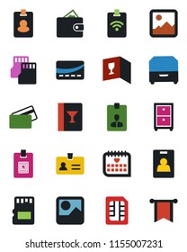 Color and black flat icon set - identity vector, card, medical calendar, gallery, sd, sim, archive box, wine, credit, pass, wallet, pennon