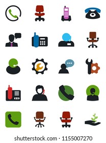 Color and black flat icon set - office chair vector, phone, support, speaker, radio, call, root setup, palm sproute