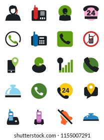 Color and black flat icon set - phone vector, no mobile, reception bell, office, 24 hours, support, tracking, radio, call, mute, cellular signal