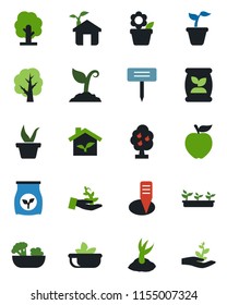 Color and black flat icon set - flower in pot vector, seedling, tree, sproute, plant label, fertilizer, fruit, salad, apple, eco house, palm