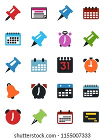 Color and black flat icon set - alarm clock vector, drawing pin, calendar, term, paper, bell, schedule