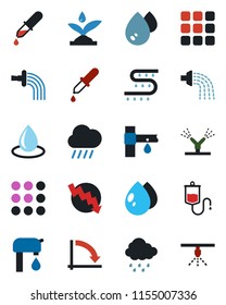 Color and black flat icon set - crisis graph vector, watering, water drop, rain, drip irrigation, dropper, menu, supply, sprinkler