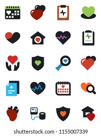 Color and black flat icon set - heart vector, pulse, diagnosis, blood pressure, diagnostic, shield, hand, real, medical calendar, clipboard, sweet home