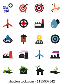 Color and black flat icon set - factory vector, bird house, target, sun panel, windmill, eco, water, palm sproute