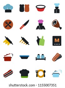 Color and black flat icon set - cook vector, cafe, hat, menu, bacon, salt and pepper, ham, bowl, rolling pin, cutting board, knife, steaming pan