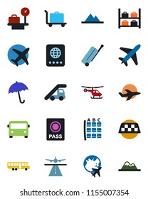 Color and black flat icon set - plane vector, runway, taxi, suitcase, baggage trolley, airport bus, umbrella, passport, ladder car, helicopter, seat map, luggage storage, scales, globe, mountains